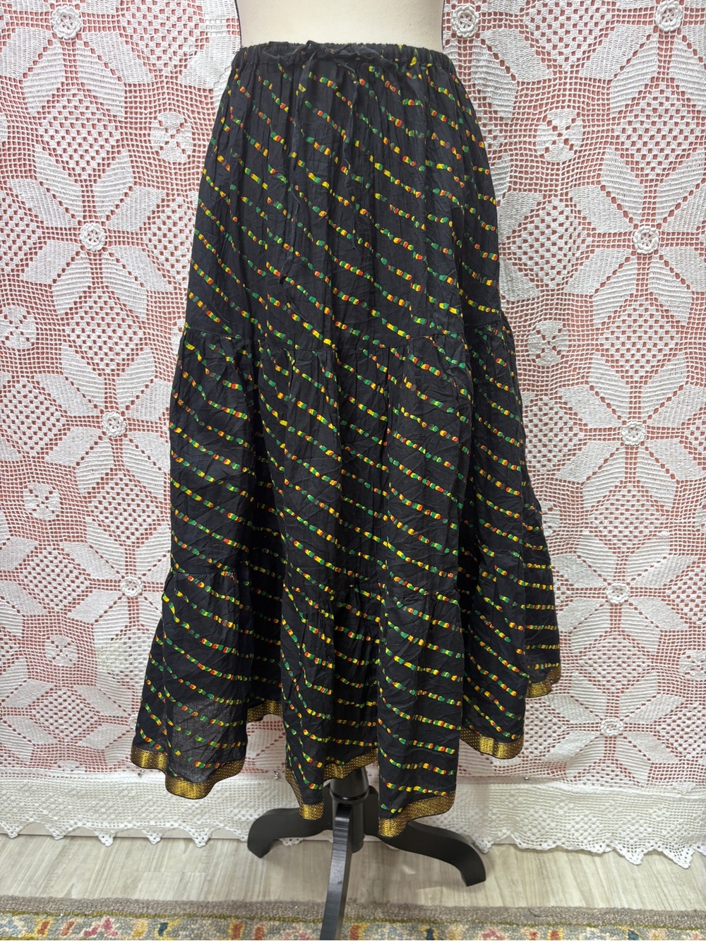 Black Tiered Boho Maxi Skirt Gold Trim Drawstring Waist